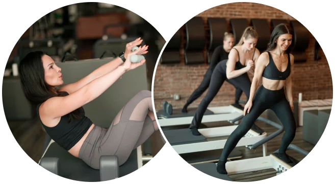 Pilates instructor demonstrating exercises on reformer equipment in BK Pilates NoMad studio, NYC