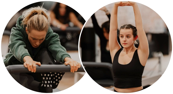 collage of two clients engaging in exercises during a challenging BK Pilates reformer session
