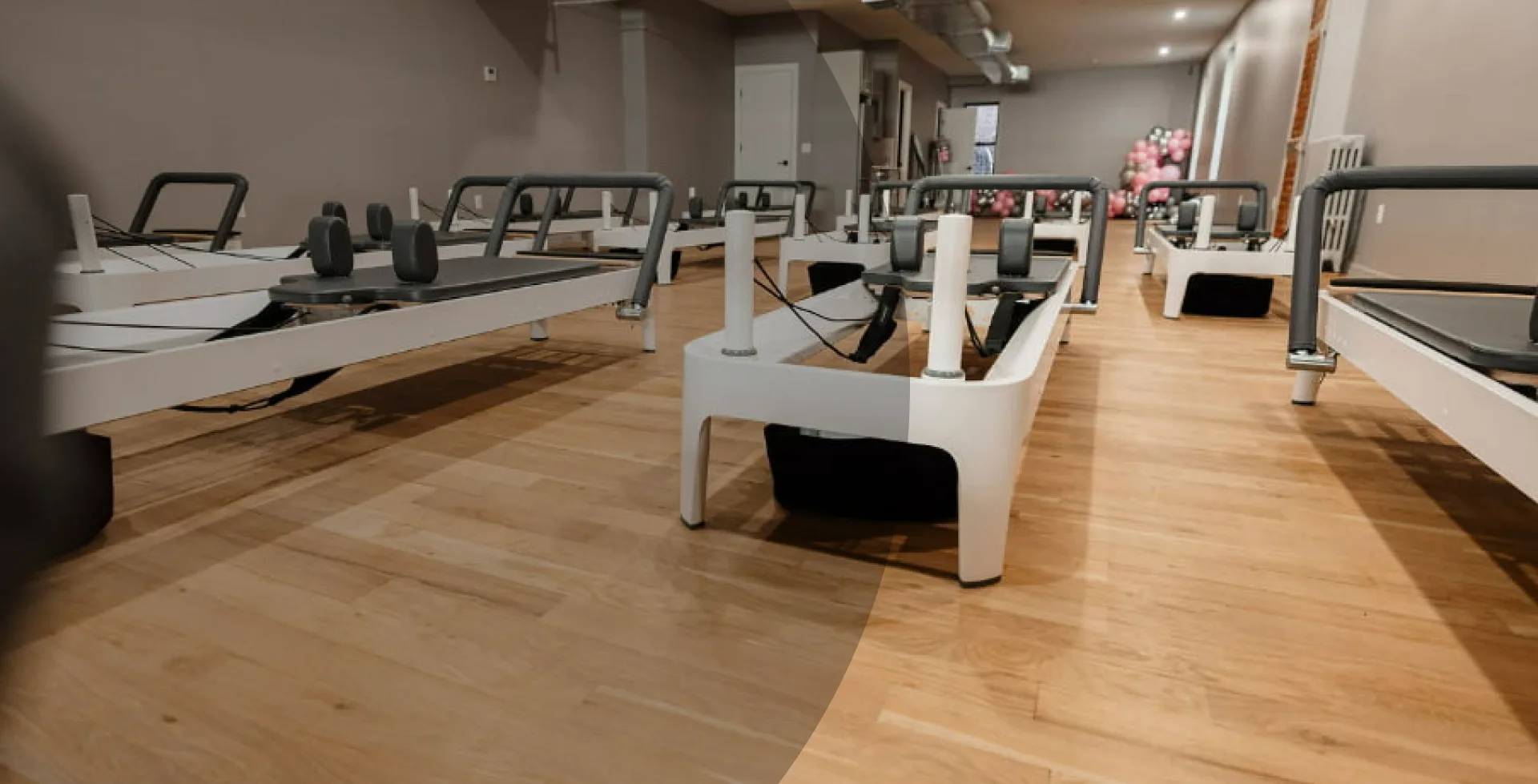 ow of professional pilates reformers in a bright, spacious studio in Raleigh