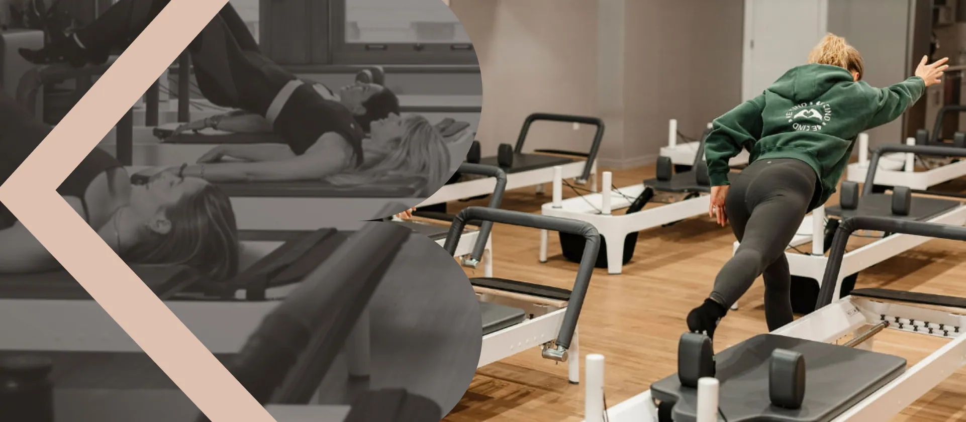 A woman in a Pilates class stretching her back on a reformer