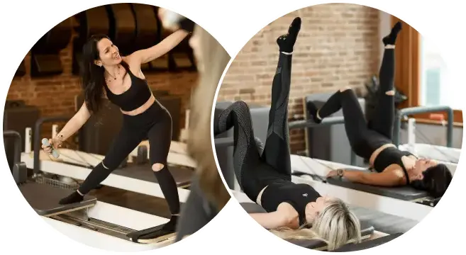 Women practicing advanced Reformer Pilates exercises at BK Pilates studio in Flatiron, NYC