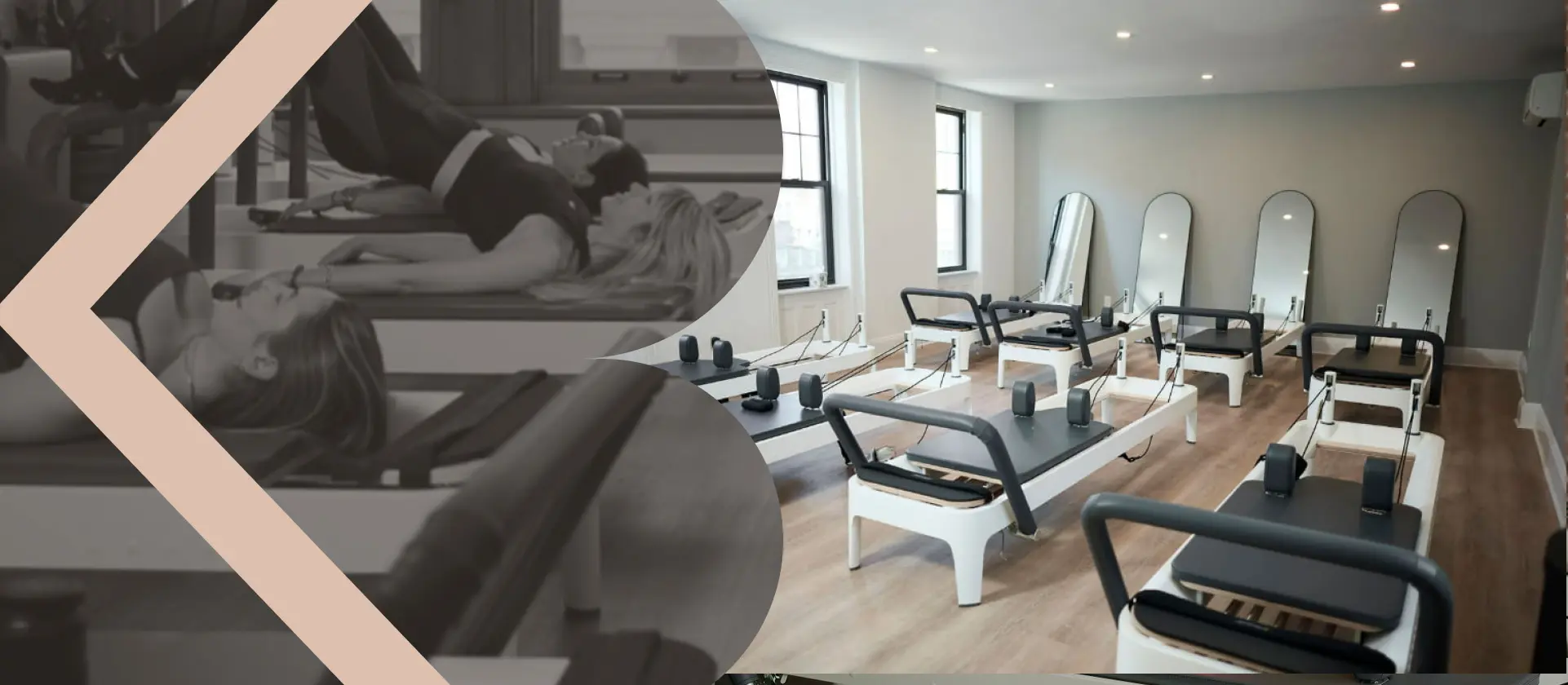 Row of professional pilates reformers in a bright, spacious studio in Concord.