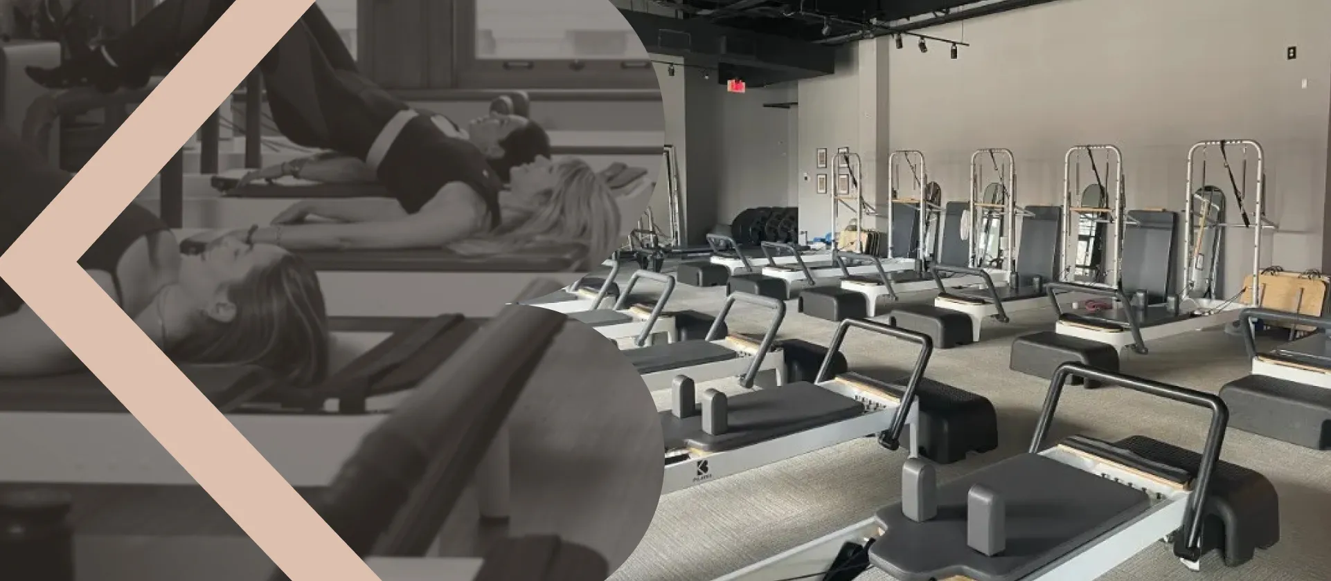 Wide-angle interior shot of the BK Pilates South End studio in Charlotte featuring neat rows of white reformers with black platforms, framed by a collage showing close-up monochrome views of clients lying down and training on the machines