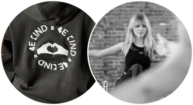 BK Pilates branded black hoodie with "Be Kind" logo next to a blonde female instructor teaching a Pilates class in front of a brick wall at Optimist Park studio