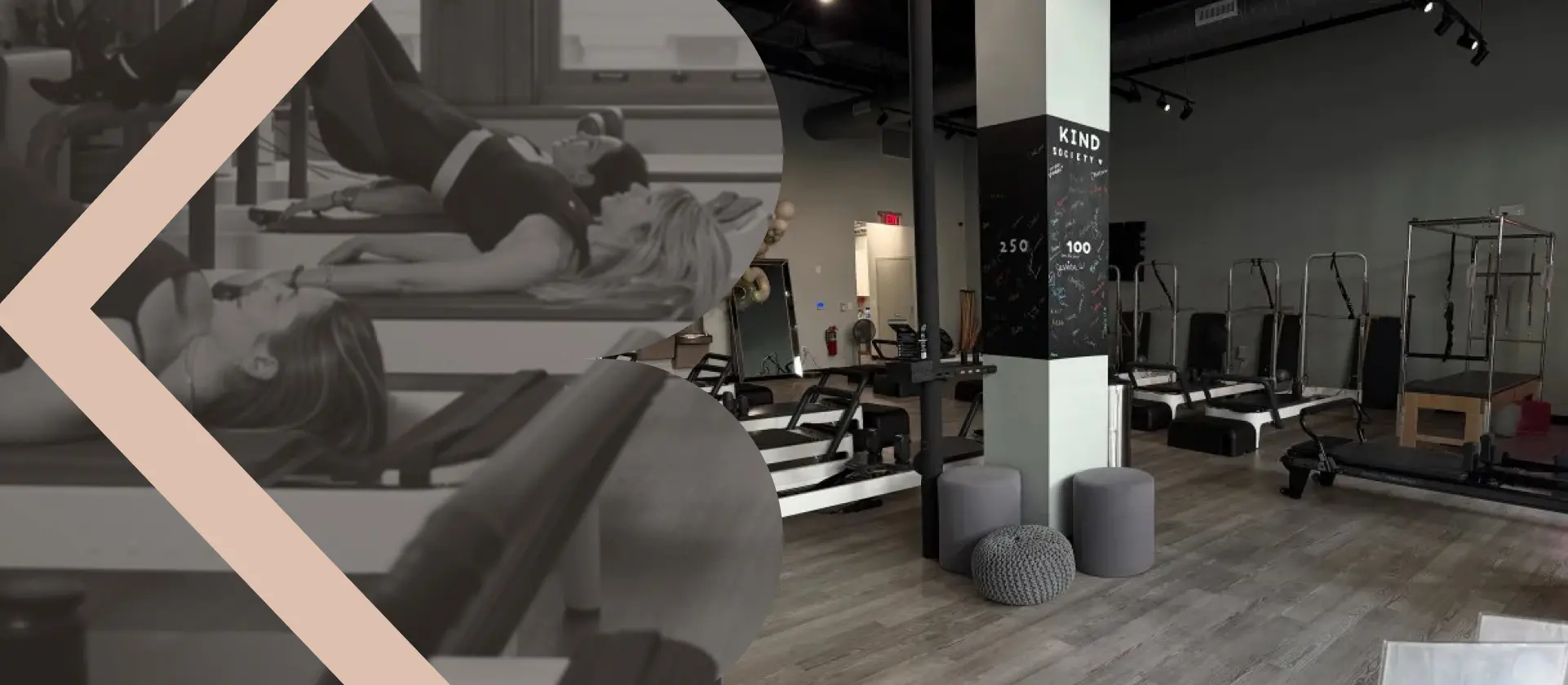 Interior view of BK Pilates South Park studio featuring a modern workout area with reformers and a white pillar displaying "Kind Society" milestones.