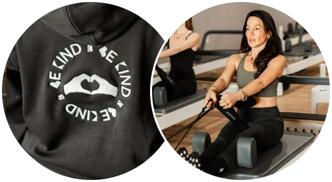 Split circular preview showing a close-up of a black "Be Kind" embroidered hoodie and a woman exercising with straps on a Pilates reformer machine